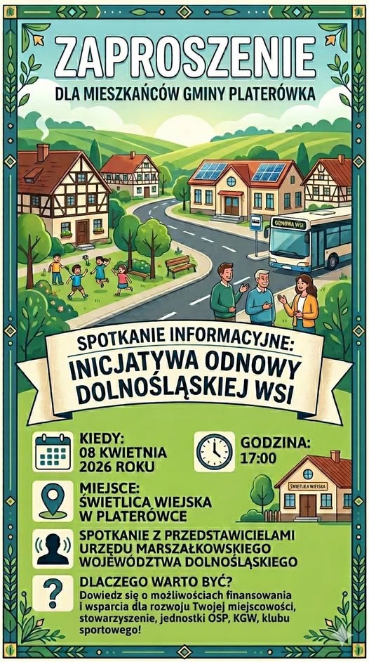 Zaproszenie dla Mieszkańców Gminy Platerówka na spotkanie  Inicjatywa  Odnowy Dolnośląskiej Wsi  w dniu 08.04.2026 r.  o godzinie 17:00  w świetlicy wiejskiej w Platerówce.  Serdecznie Zapraszamy !